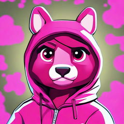 Depict a close-up of an upset Fortnite's Cuddle Team Leader, in a 2D outline animated style, highlighting vibrant colors and expressive eyes.