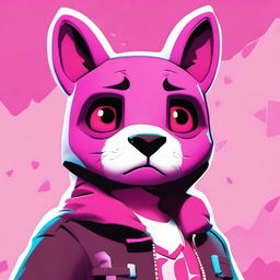 Depict a close-up of an upset Fortnite's Cuddle Team Leader, in a 2D outline animated style, highlighting vibrant colors and expressive eyes.