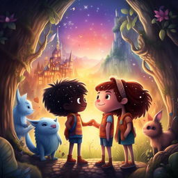 A vibrant illustrated children's book cover named 'Friends of the Magical World', embodying themes of friendship, respect, solidarity and social development set in enchanting environments.