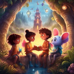 A vibrant illustrated children's book cover named 'Friends of the Magical World', embodying themes of friendship, respect, solidarity and social development set in enchanting environments.