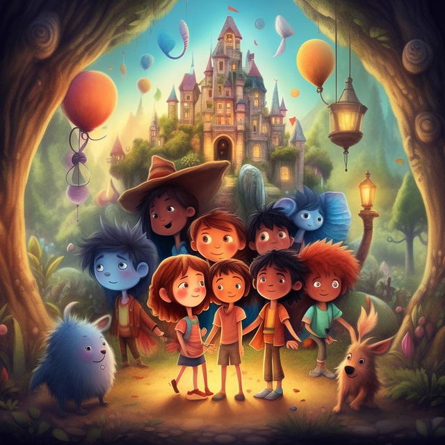 A vibrant illustrated children's book cover named 'Friends of the Magical World', embodying themes of friendship, respect, solidarity and social development set in enchanting environments.