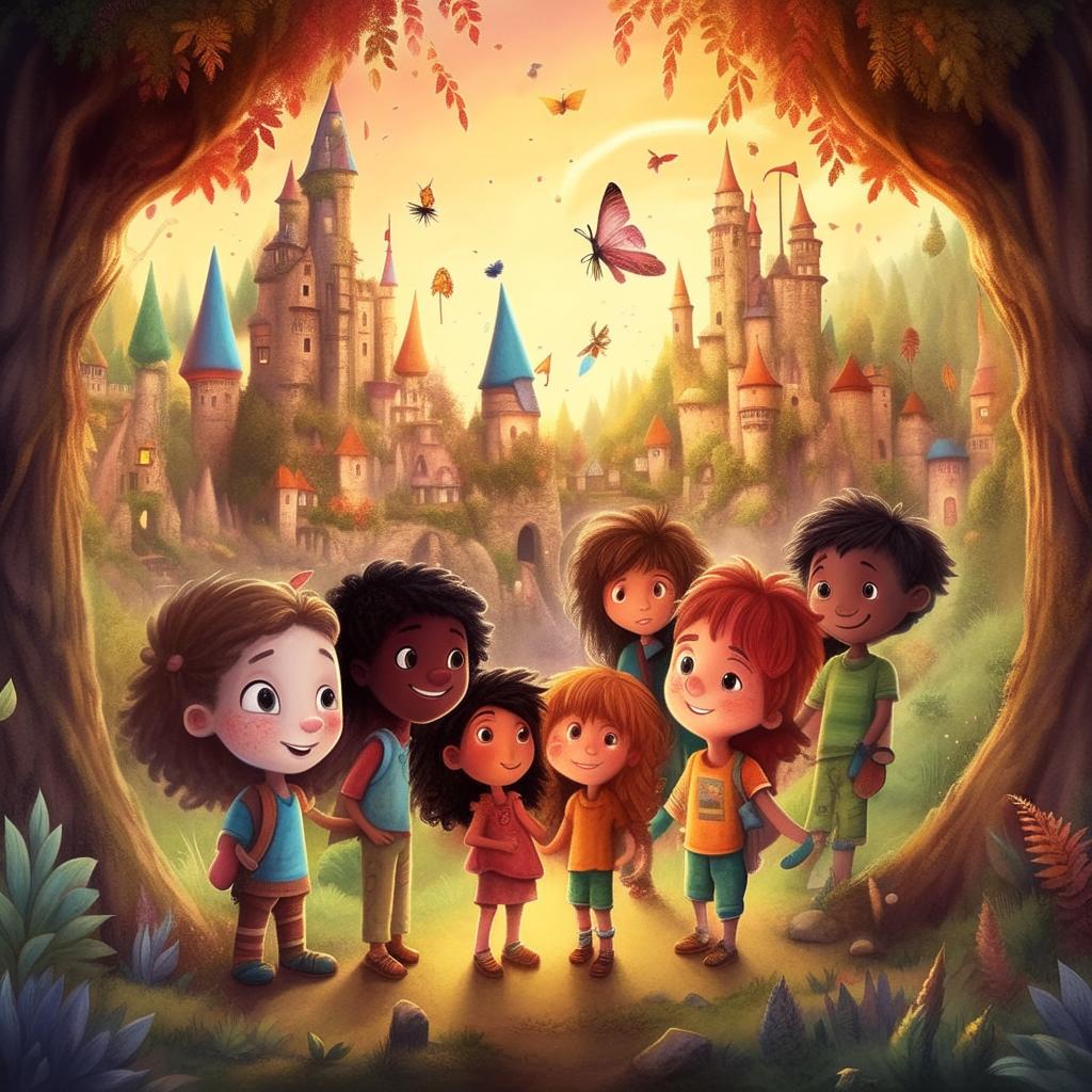 A vibrant illustrated children's book cover named 'Friends of the Magical World', embodying themes of friendship, respect, solidarity and social development set in enchanting environments.