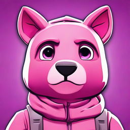 2D outline animated style close-up of an upset Fortnite's Cuddle Team Leader, featuring expressive eyes and vibrant colors.