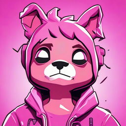 2D outline animated style close-up of an upset Fortnite's Cuddle Team Leader, featuring expressive eyes and vibrant colors.