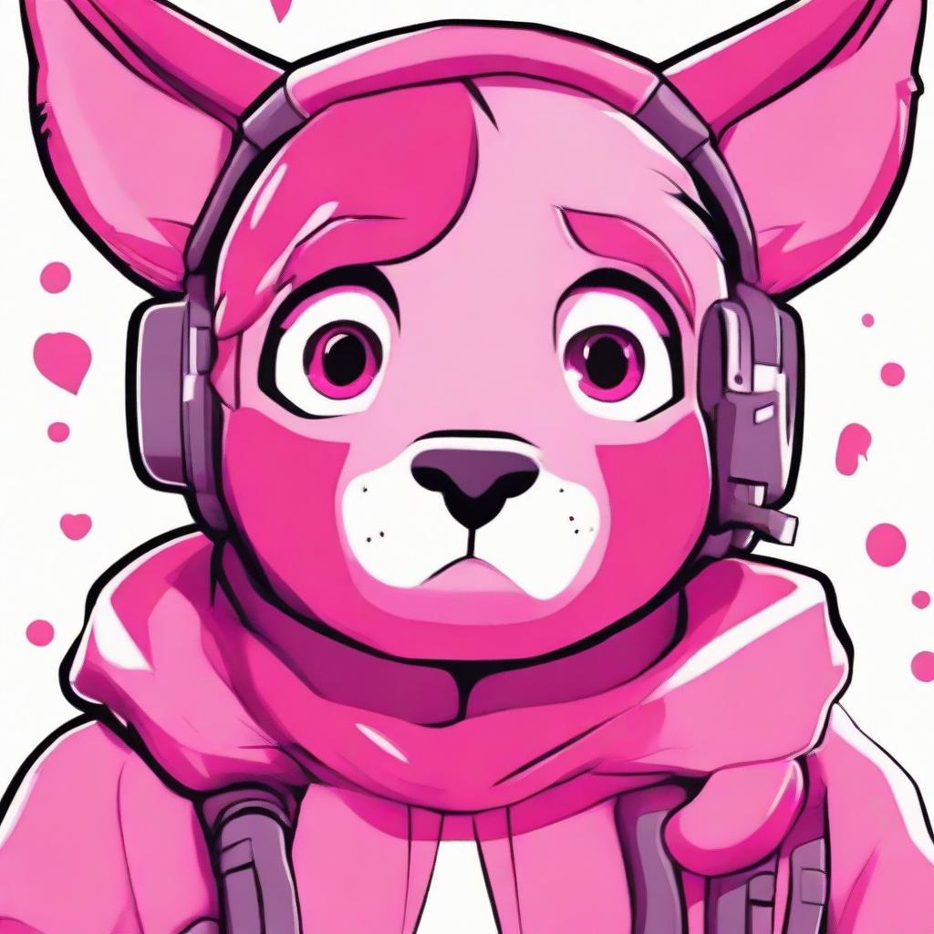 2D outline animated style close-up of an upset Fortnite's Cuddle Team Leader, featuring expressive eyes and vibrant colors.