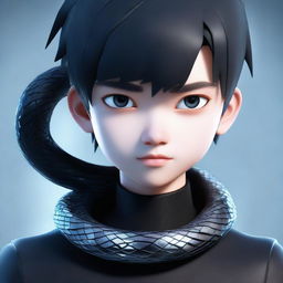 A 3D animated boy bearing a serious expression, attired in a black aesthetic outfit, with a shimmering ice snake encircling his neck.