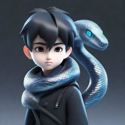 A 3D animated boy bearing a serious expression, attired in a black aesthetic outfit, with a shimmering ice snake encircling his neck.