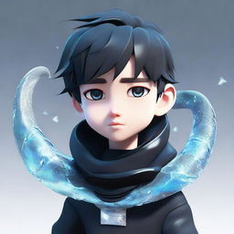 A 3D animated boy bearing a serious expression, attired in a black aesthetic outfit, with a shimmering ice snake encircling his neck.