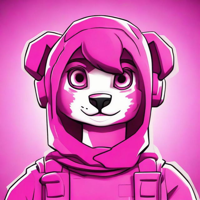 2D outline animated close up of an upset Fortnite's Cuddle Team Leader, highlighting expressive eyes and vibrant colors.