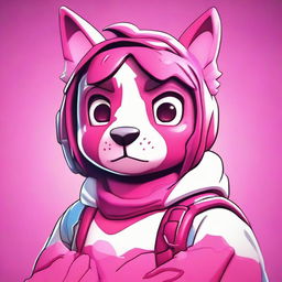 2D outline animated close up of an upset Fortnite's Cuddle Team Leader, highlighting expressive eyes and vibrant colors.