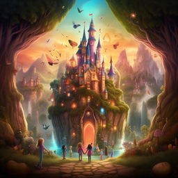 A colorful, enchanting book cover for 'Friends of the Magical World', illustrating the power of friendship, respect, and solidarity, framed within a whimsical, magical environment.