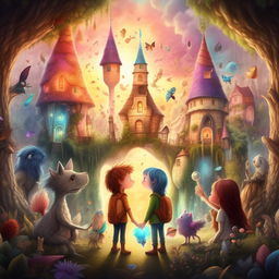 A colorful, enchanting book cover for 'Friends of the Magical World', illustrating the power of friendship, respect, and solidarity, framed within a whimsical, magical environment.