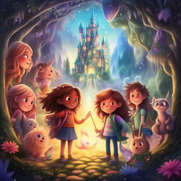 A colorful, enchanting book cover for 'Friends of the Magical World', illustrating the power of friendship, respect, and solidarity, framed within a whimsical, magical environment.