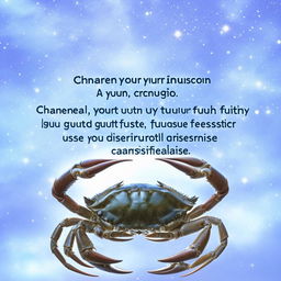 Add to the Cancer section: The Cancer symbol, a crab, along with the horoscope text 'Channel your intuition, Cancer. A hidden truth may come to light. Trust your gut feeling and navigate with caution. Sensitivity is your strength, use it to discern genuine connections from passing facades.'