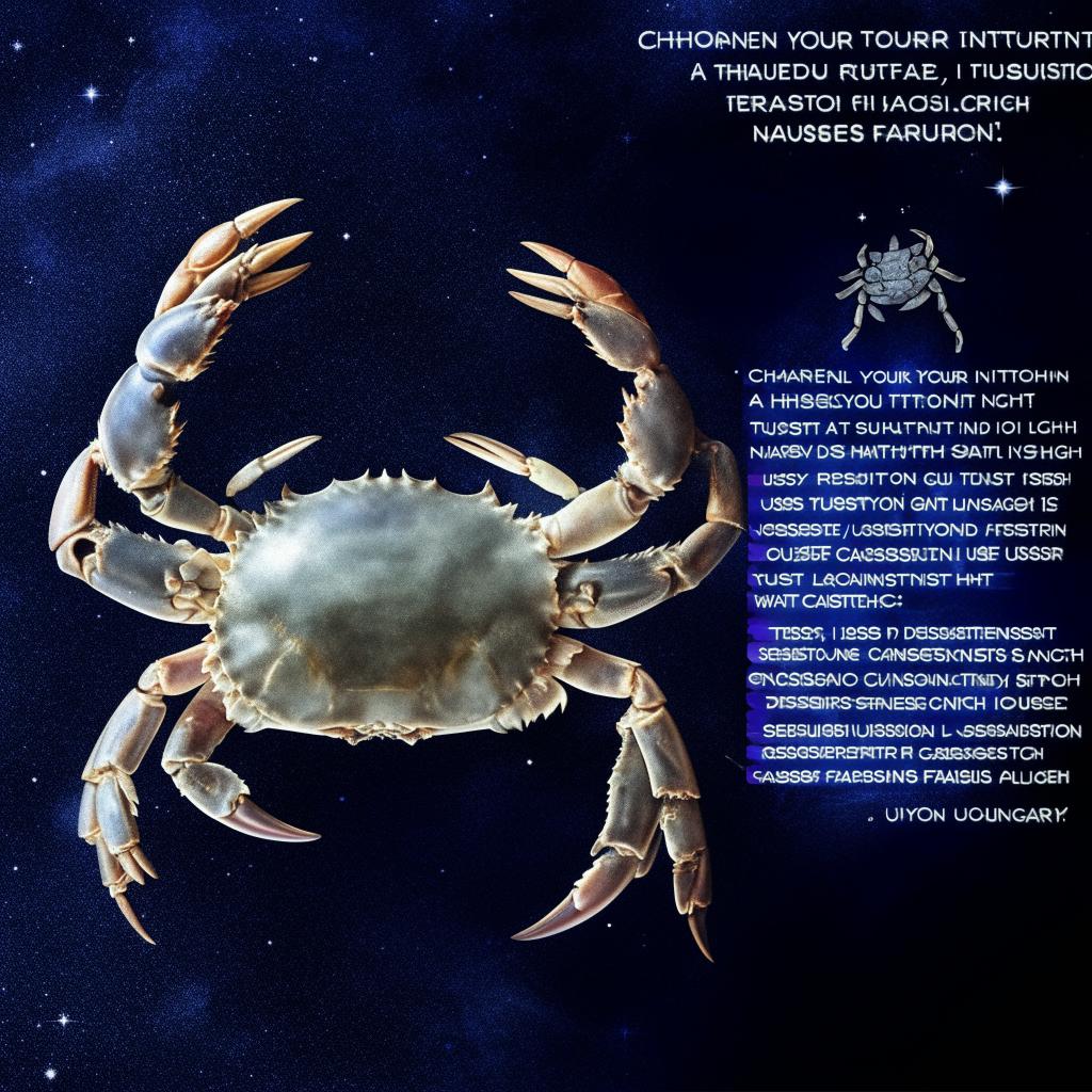 Add to the Cancer section: The Cancer symbol, a crab, along with the horoscope text 'Channel your intuition, Cancer. A hidden truth may come to light. Trust your gut feeling and navigate with caution. Sensitivity is your strength, use it to discern genuine connections from passing facades.'