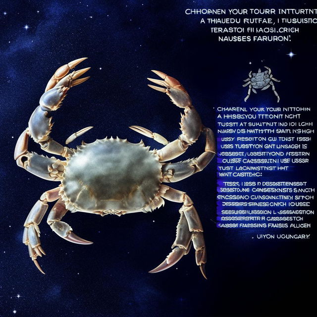 Add to the Cancer section: The Cancer symbol, a crab, along with the horoscope text 'Channel your intuition, Cancer. A hidden truth may come to light. Trust your gut feeling and navigate with caution. Sensitivity is your strength, use it to discern genuine connections from passing facades.'