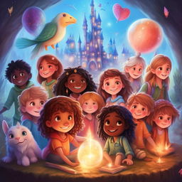 An enchanting children's book cover for 'Friends of the Magical World' showcasing themes of friendship, understanding, respect, and solidarity in diverse magical settings.