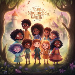 An enchanting children's book cover for 'Friends of the Magical World' showcasing themes of friendship, understanding, respect, and solidarity in diverse magical settings.