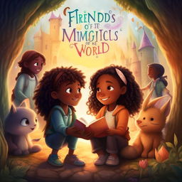 An enchanting children's book cover for 'Friends of the Magical World' showcasing themes of friendship, understanding, respect, and solidarity in diverse magical settings.