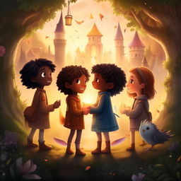 An enchanting children's book cover for 'Friends of the Magical World' showcasing themes of friendship, understanding, respect, and solidarity in diverse magical settings.