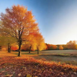 A colorful autumn landscape in the sunset with scattered deciduous trees and a clear sky allowing the beautiful sunset colors to reflect off the changing leaves.