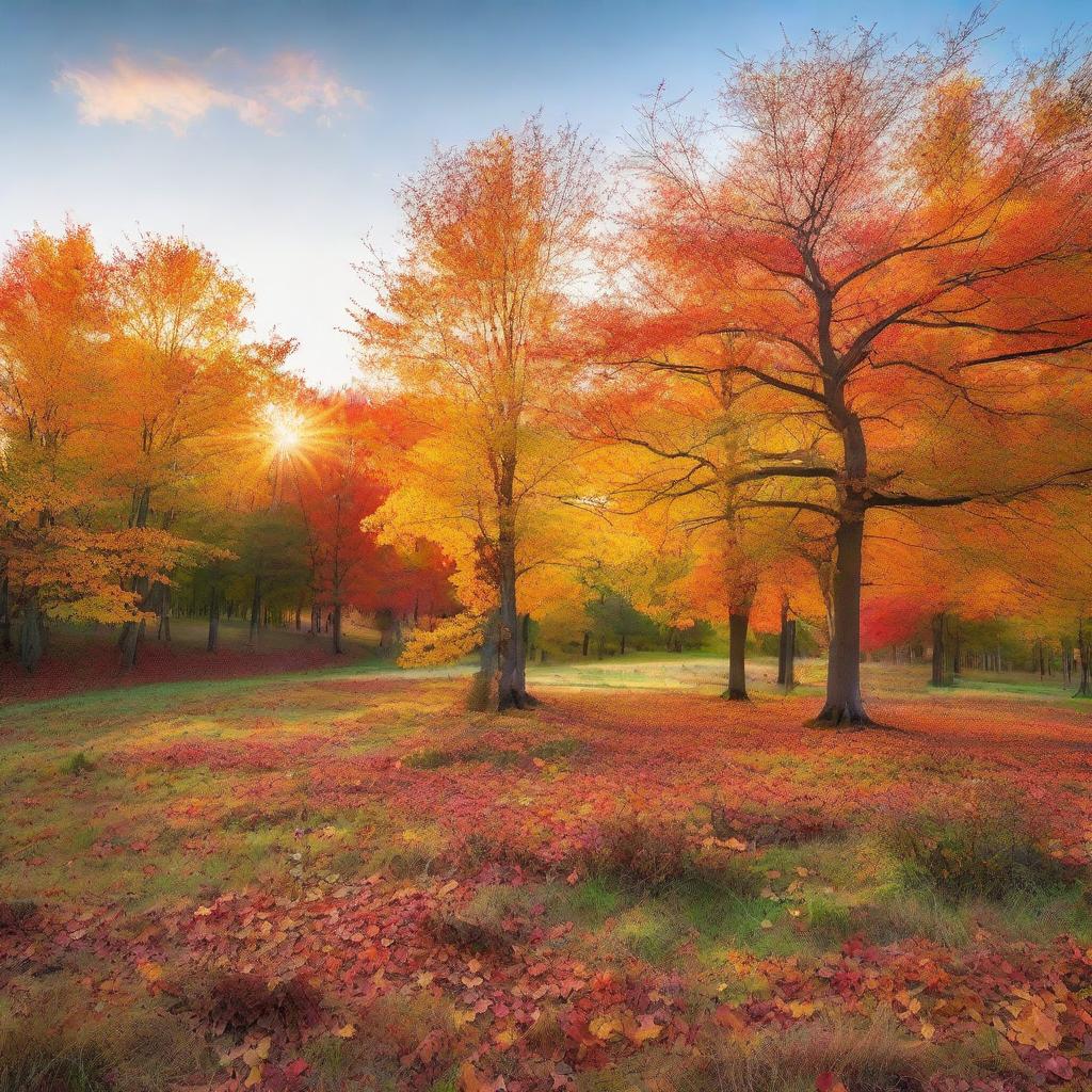 A colorful autumn landscape in the sunset with scattered deciduous trees and a clear sky allowing the beautiful sunset colors to reflect off the changing leaves.