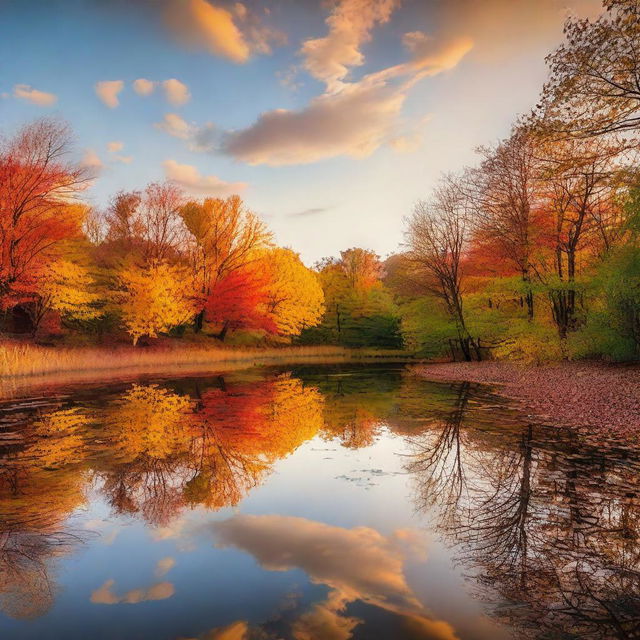 A colorful autumn landscape in the sunset with scattered deciduous trees and a clear sky allowing the beautiful sunset colors to reflect off the changing leaves.