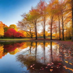 A colorful autumn landscape in the sunset with scattered deciduous trees and a clear sky allowing the beautiful sunset colors to reflect off the changing leaves.