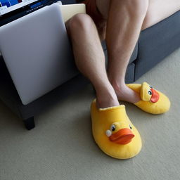 A relaxed guy sitting at his laptop, wearing comical yellow duck slippers on his feet.