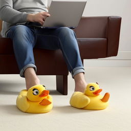 A relaxed guy sitting at his laptop, wearing comical yellow duck slippers on his feet.