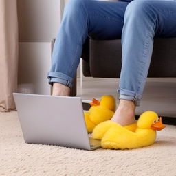 A relaxed guy sitting at his laptop, wearing comical yellow duck slippers on his feet.