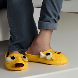 A relaxed guy sitting at his laptop, wearing comical yellow duck slippers on his feet.