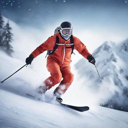 A skier in full gear navigating smoothly down a snowy mountain slope, snowflakes whirling around in the air.