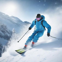 A skier in full gear navigating smoothly down a snowy mountain slope, snowflakes whirling around in the air.