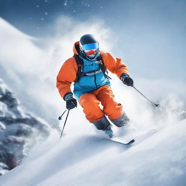 A skier in full gear navigating smoothly down a snowy mountain slope, snowflakes whirling around in the air.