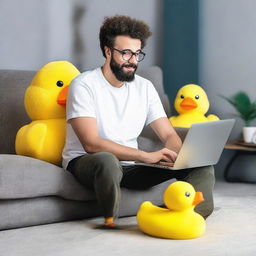 A casual scene of a man settled in front of his laptop, wearing quirky yellow duck slippers.