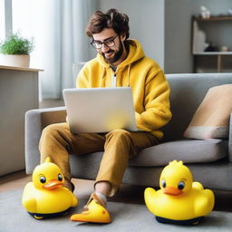 A casual scene of a man settled in front of his laptop, wearing quirky yellow duck slippers.