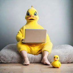 A casual scene of a man settled in front of his laptop, wearing quirky yellow duck slippers.