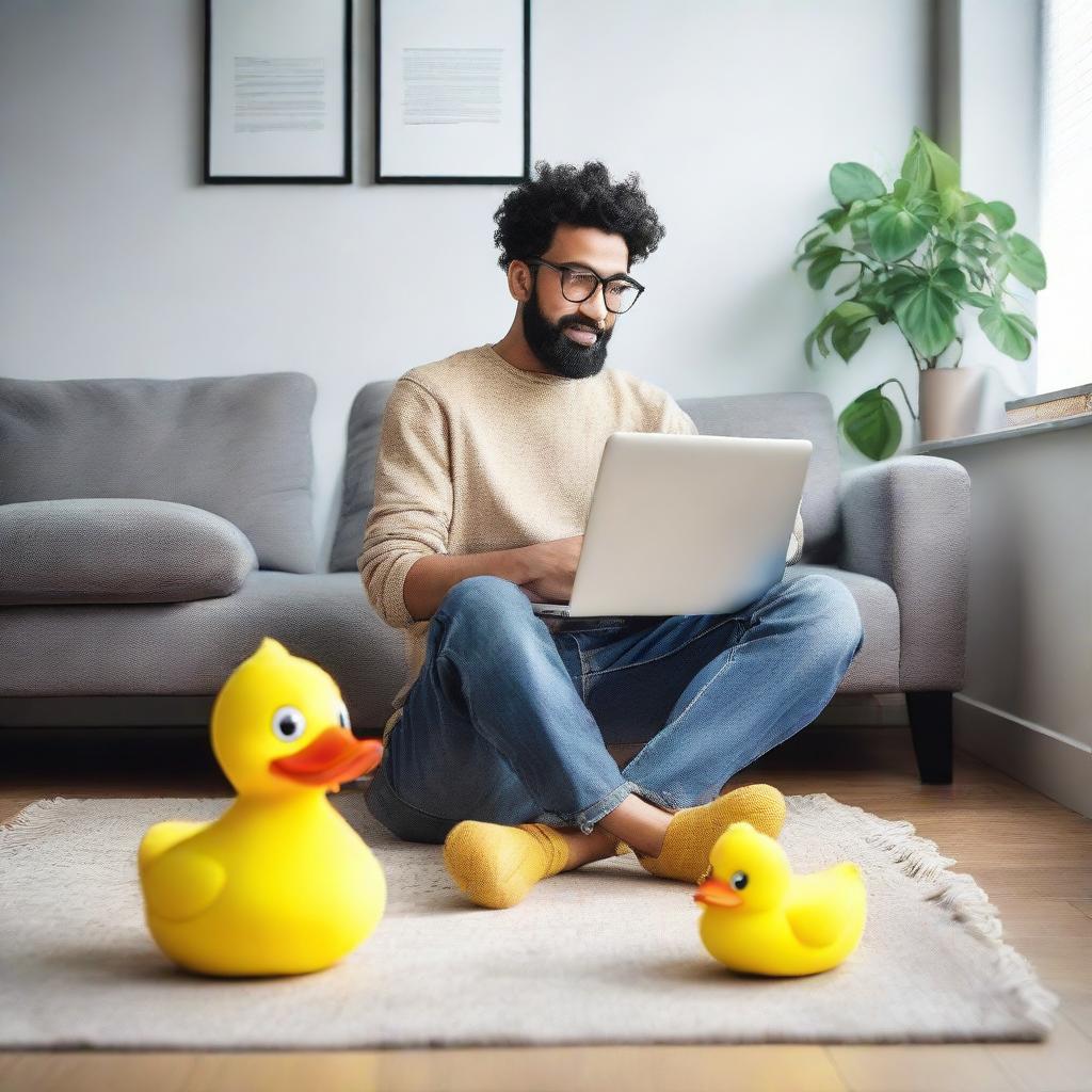 A casual scene of a man settled in front of his laptop, wearing quirky yellow duck slippers.