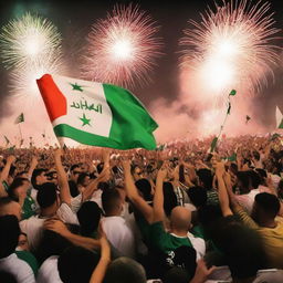 Celebration scene in Iraq after their national football team wins the World Cup, with joyful crowds, national flags, and fireworks in the sky.