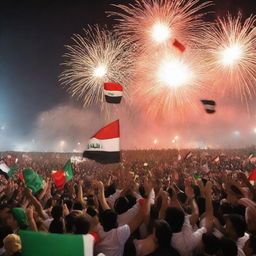 Celebration scene in Iraq after their national football team wins the World Cup, with joyful crowds, national flags, and fireworks in the sky.