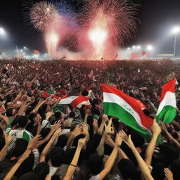 Celebration scene in Iraq after their national football team wins the World Cup, with joyful crowds, national flags, and fireworks in the sky.