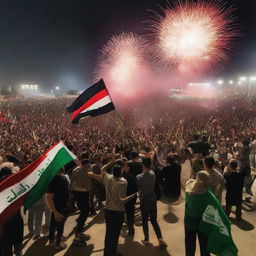 Celebration scene in Iraq after their national football team wins the World Cup, with joyful crowds, national flags, and fireworks in the sky.