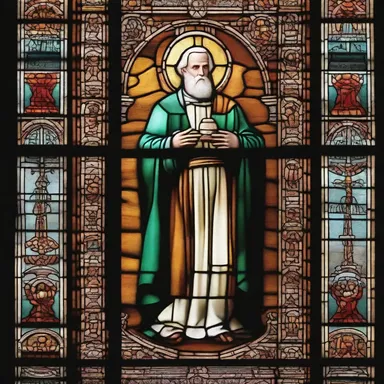 The stained glass window in the church showcased a focal image of the patron saint.