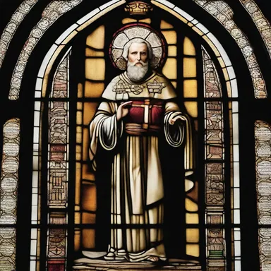 The stained glass window in the church showcased a focal image of the patron saint.