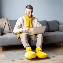 A man sitting relaxed with a laptop on his lap, wearing a comfy sweater and quirky yellow duck slippers.