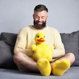 A man sitting relaxed with a laptop on his lap, wearing a comfy sweater and quirky yellow duck slippers.