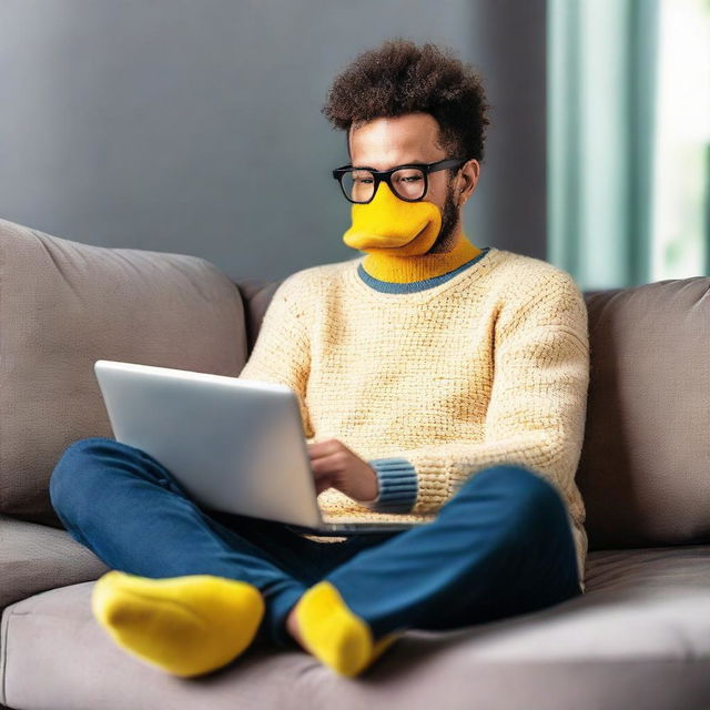 A man sitting relaxed with a laptop on his lap, wearing a comfy sweater and quirky yellow duck slippers.