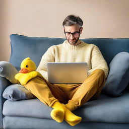 A man sitting relaxed with a laptop on his lap, wearing a comfy sweater and quirky yellow duck slippers.