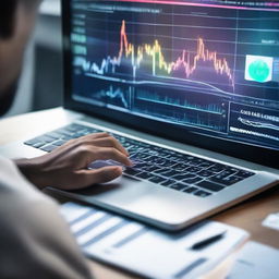 A person signing up for a share market course online, surrounded by stock market charts on a futuristic holographic interface.